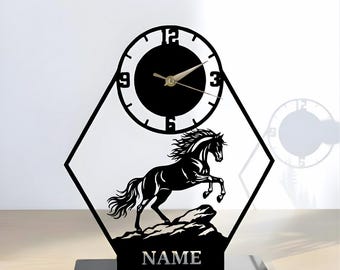 Horse Metal Table Clock: Custom Horse Desk Decor, Equestrian Gift for Horse Lovers