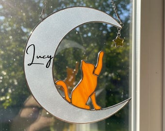 Handmade Cat with Moon Stained Glass Suncatcher with Name, Cat with Star Window Hanging Decor,  Christmas Gift for Cat Lovers