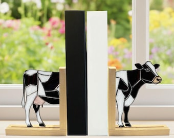 Handmade Cow Stained Glass Bookends, Custom Name Wooden Book
