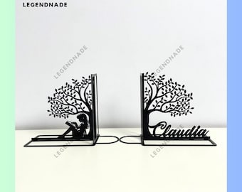 Personalized Girl Reading Book Metal Bookend Tree Of Life Bookends, Bookshelf Decor, Book Lover Gift, Table Sign, Metal Desk Home Decor