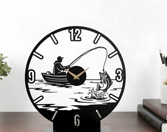 Reloj de mesa de metal con diseño de pescador: reloj de escritorio de pescador, regalo para amantes de la pesca, decoración de la casa del lago