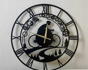 Cyclist Metal Wall Clock, Biker Gift, Cycling Decor, Mountain Bike Wall Art, Sport Lover Clock, Hanging Wall Clock