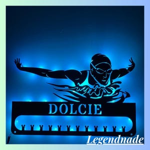 Personalized Swimming Medal Hanger Wall Art Led Light, Swimmer Name Metal Light, Athlete Led Light, Medal Display Awards Sign, Swimmer Gift