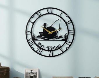 Reloj de pared metálico personalizado para pesca, decoración artesanal para pescadores, reloj personalizado para pescadores, regalo de arte de pared para cabaña de lago