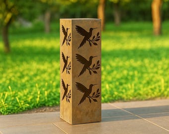 Rustic Hummingbird Metal Garden Column Landscape Design Yard Decor, Bird Garden Art, Custom Garden Furniture, Well Cover, Bird Lover Gift