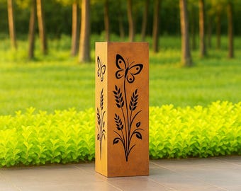 Rustic Butterfly Flower Metal Garden Column, Rusty Garden Decor, Outdoor Plant Stand, Flower Garden Column, Modern Landscape Sculpture