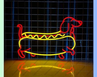 Neonreclame met teckel en hotdog, LED-reclame met teckel, LED-verlichting met hotdog, neonverlichting met hond, wanddecoratie voor een hotdogwinkel, wanddecoratie voor thuis