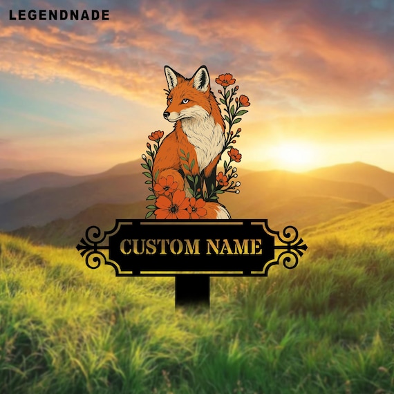 Personalized Metal Fox Garden Stake, Custom Name Memorial Plaque