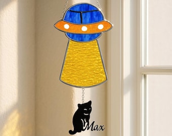 Cat UFO Stained Glass Suncatcher, Personalized Handmade Cat Window Hanging, Home Decor, Unique Gift for Cat Lovers