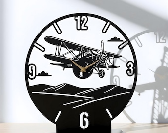 Biplane Metal Table Clock: Aviation Desk Clock, Pilot Office Decor, Airplane Lover Gift