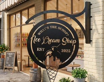 Personalized Ice Cream Hanging Sign, Custom Name Metal Hanging Sign, Ice Cream Store Outdoor Hanging Sign, Business Shop Decor