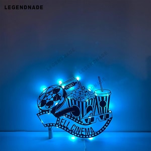 Custom Movie Theater Metal Sign with LED Light – Personalized Home Cinema Wall Decor, Film Reel Popcorn Drink Wall Art, Movie Lover Gift