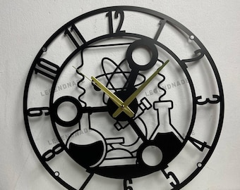 Chemistry Metal Wall Clock, Science Symbol Wall Clock for Laboratory or Teacher’s Room, Ideal Gift for Science Teachers