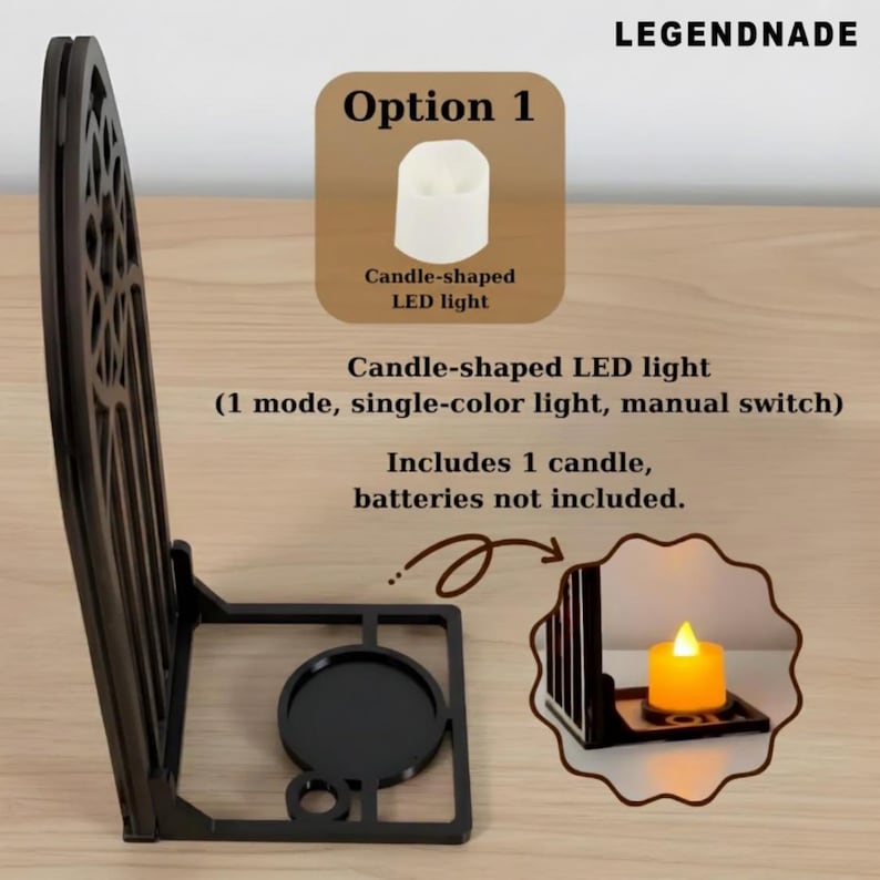 May include: A black, decorative LED candle holder with a candle-shaped LED light. The image includes text that reads "Option 1" and "Candle-shaped LED light". The text also states that it includes 1 candle, but batteries are not included.