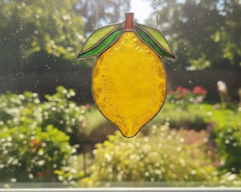 Lemon Stained Glass Suncatcher, Tropical Fruit Window Hanging, Kitchen Decor Gift, Garden Lover Gift