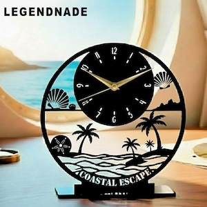 May include: Black laser-cut desk clock with a coastal theme. The clock face is black with gold hands and white numerals. The design includes palm trees, waves, and the words "COASTAL ESCAPE". The brand name "LEGENDNADE" is at the top.
