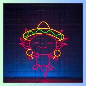 Mexican Sombrero Axolotl Neon Sign, Axolotl Led Sign, Cute Axolotl Led Light, Axolotl Neon Light, Animal Wall Art Light, Home Wall Decor