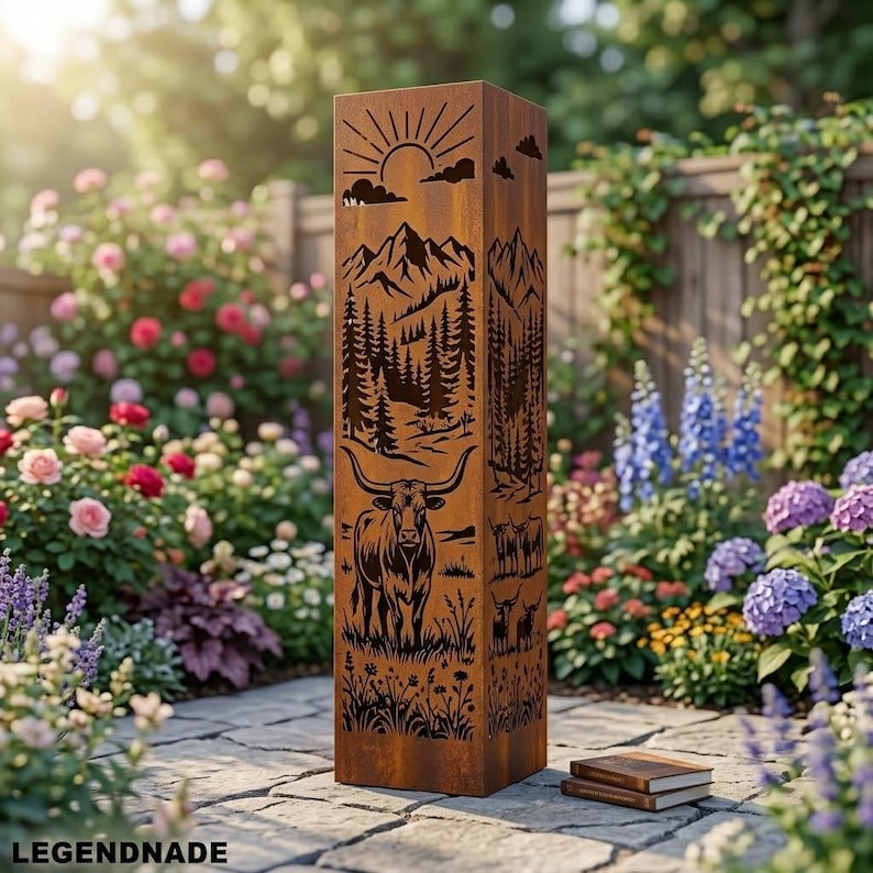 Personalized Bull Metal Garden Column, Farmhouse Backyard Decor, Texas ...