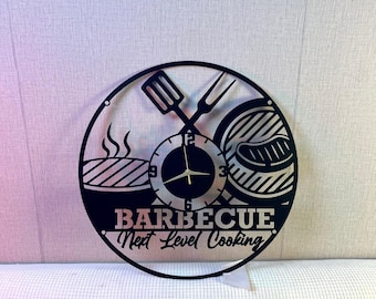 Personalized BBQ Metal Wall Clock, Custom Barbecue Grill Clock for Outdoor Kitchen, Patio, BBQ Restaurant Wall Clocks