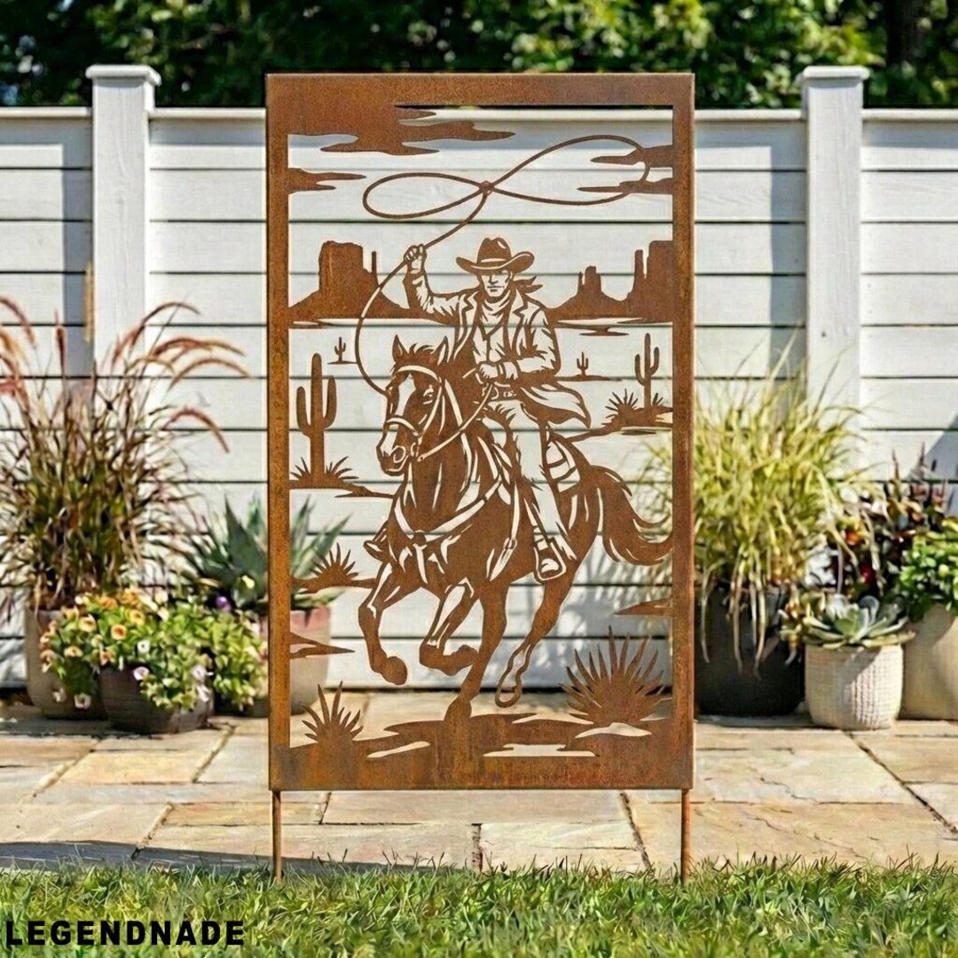 Panel Cowboy Personalized Cowboy Cowgirl Horse Metal Garden Panel, Western Desert ...