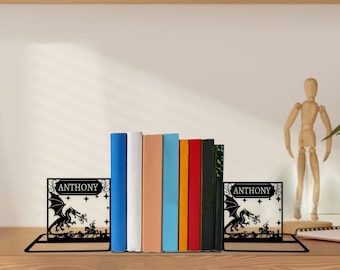 Personalisierte Drachen Metall Buchstützen - Personalisierte Drachen Buchhalter - Geschenk für Buchliebhaber, Drachen Buchstützen, Kinderzimmer Dekor