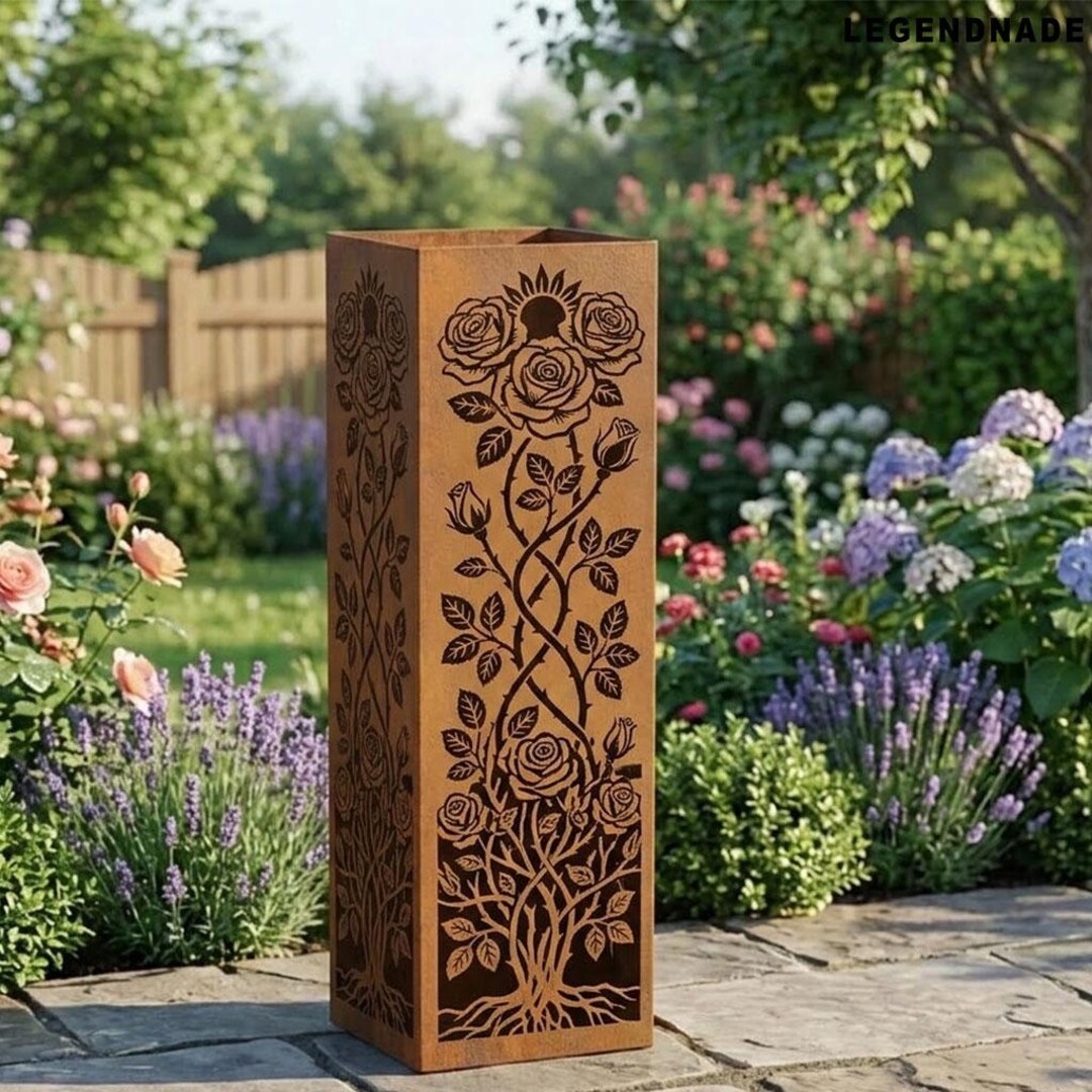Custom Rose Flower Metal Garden Column, Botanical Yard Art, Rusted ...