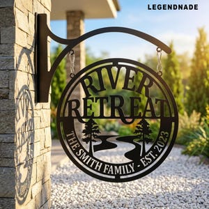 Op maat gemaakt metalen hangbord met riviermotief, gepersonaliseerde decoratie voor uw blokhut, bord voor uw huis aan de rivier, metalen wanddecoratie, bord voor uw vakantiehuis.