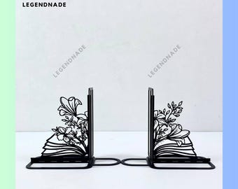 Personalized Book Flower Metal Bookend Floral Book Bookends, Bookshelf Decor, Book Lover Gift, Table Sign, Metal Desk Decor, Home Decor