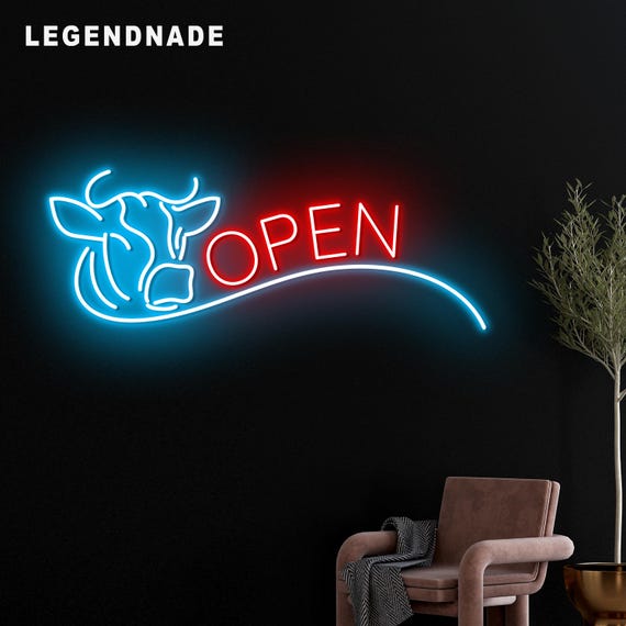 牛の肉屋のネオンサイン、肉屋のLEDライト、バーベキューレストランの