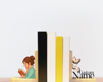 Aangepaste boekensteunen meisje lezen boek, gepersonaliseerde houten boekenhouder, boekenliefhebber plank decor cadeau, boekensteunen tafel decor
