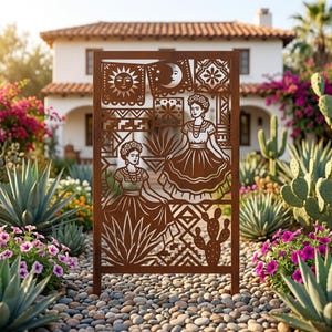 May include: A rectangular metal privacy screen featuring a laser-cut design of two figures in traditional dresses, a sun, a crescent moon, floral patterns, and a cactus. The brown, weathered-look panel stands upright in a garden setting.