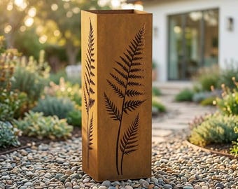 Rustic Fern Leaf Metal Garden Column, Rusty Garden Decor, Outdoor Plant Stand, Fern Leaf Garden Column, Modern Garden Statue