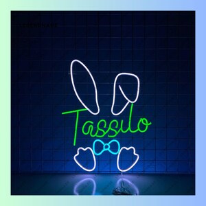 Letrero de neón de conejo, letrero LED de conejo de Pascua, luz LED con nombre de conejo, luz de neón de Feliz Pascua, arte de pared de conejo de Pascua, decoración de pared para el hogar de Feliz Pascua