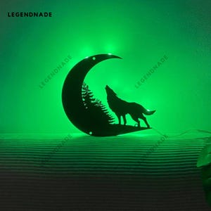 Letrero de metal personalizado con lobo en el bosque, luz de metal con forma de luna de lobo, luz LED con forma de bosque de lobo, arte de pared de metal con cabeza de lobo, decoración de pared para habitación de lobo