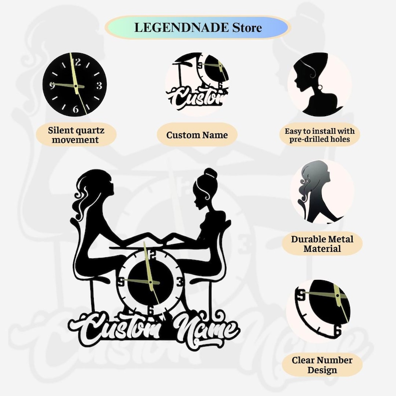 May include: Black metal wall clock featuring a nail salon design with two silhouetted figures. The clock includes the text "Custom Name" and "Silent quartz movement". The design also includes the text "Easy to install with pre-drilled holes" and "Durable Metal Material".