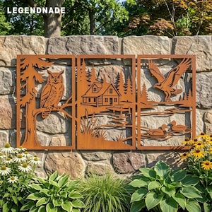 May include: A three-panel rust-coloured metal wall art set featuring laser-cut silhouettes of an owl on a tree, a cabin by a lake, and an eagle flying over ducks in water. The text LEGENDNADE is visible in the top left corner of the artwork.