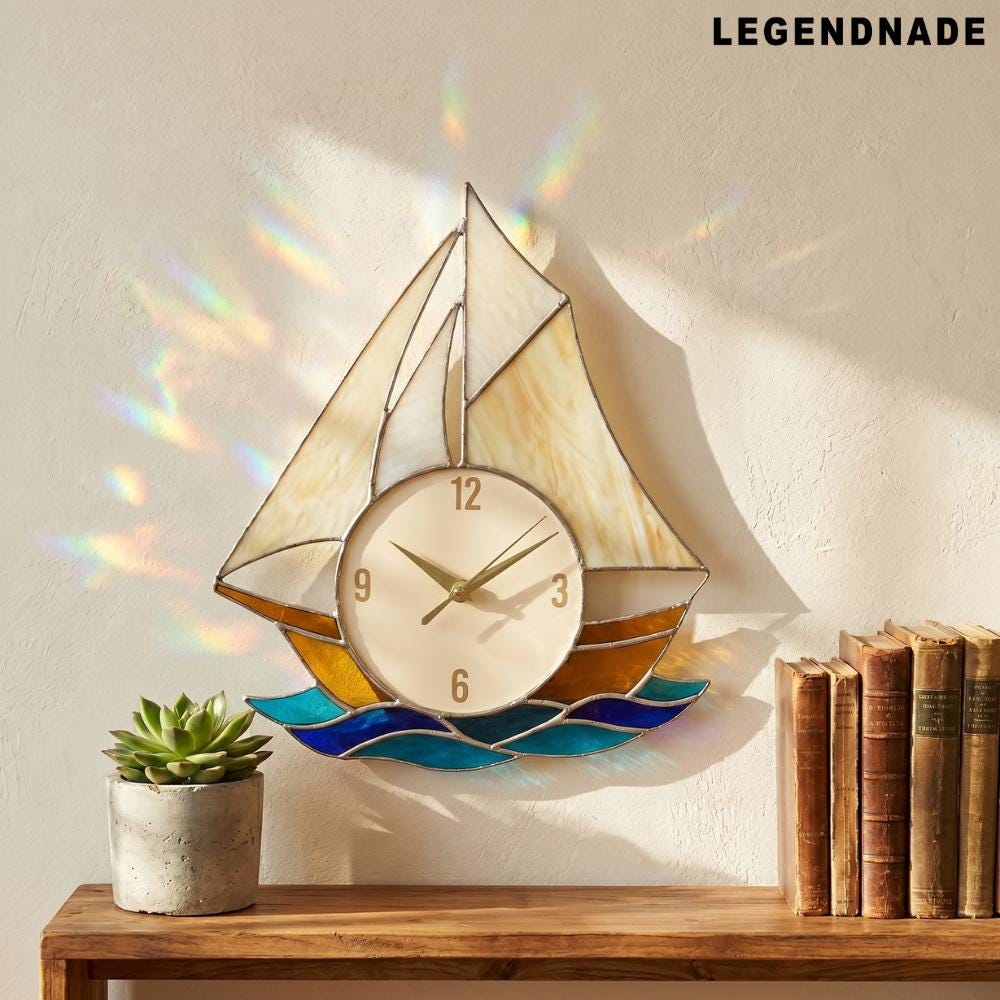 Sailboat Rocking Clock Ocean Sailboat Stained Glass Wall Clock, Nautical Coastal Decor ...