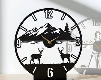 Orologio da tavolo in metallo Deer Mountain: orologio da tavolo con animali selvatici, arredamento rustico per baite, regalo per gli amanti della natura
