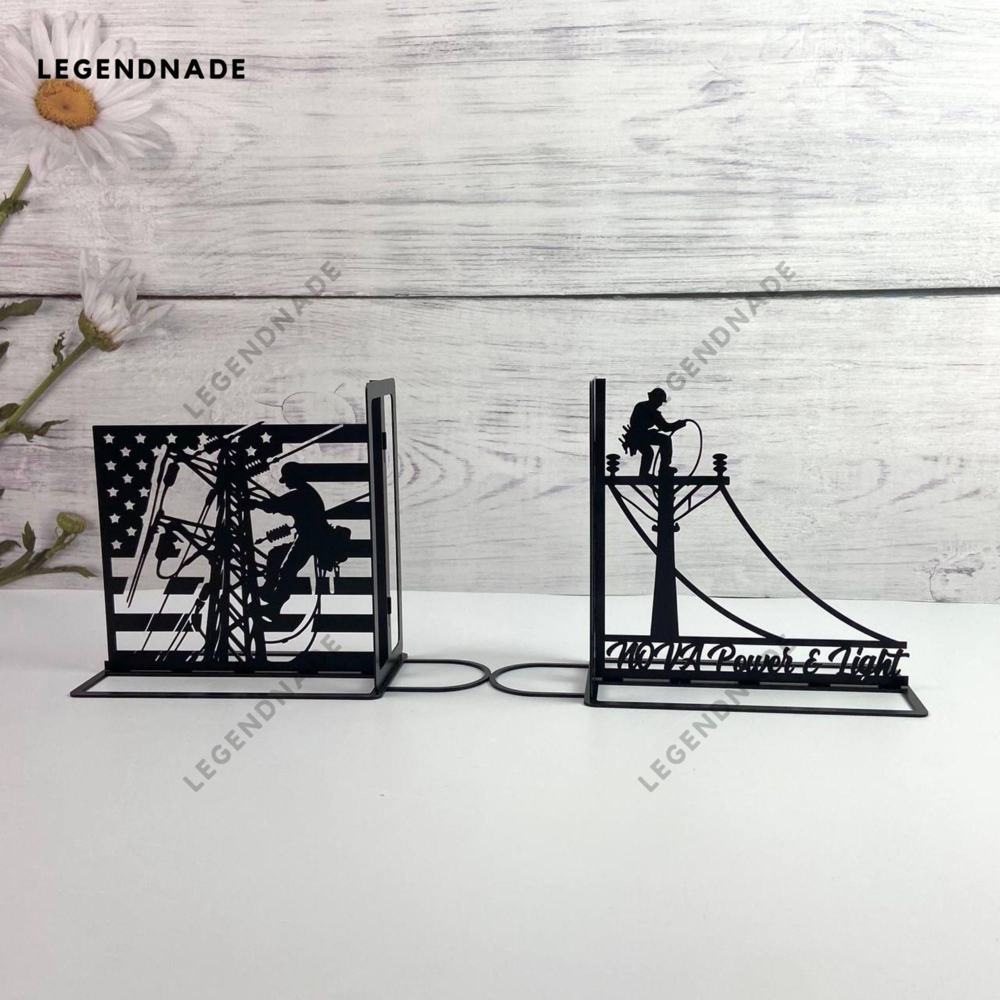 Personalized Lineman Metal Bookend, Electrician Metal Bookends