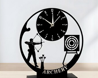 Orologio da tavolo in metallo con motivo tiro con l'arco: orologio da tavolo con arciere, decorazione per la sala sportiva, regalo per gli amanti del tiro con l'arco
