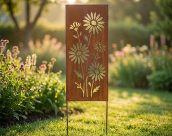 Personalized Daisy Metal Garden Panel, Rusty Privacy Screen, Steel Art