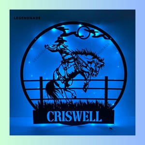 Gepersonaliseerde metalen bord cowboy rijpaard, western cowboy metalen licht, led-licht paard, naam cowboy metalen muurkunst, muur decor cowboy huis
