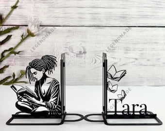 Gepersonaliseerde meisjesleesboek metalen boekensteun, meisje gelezen boek boekensteunen, boekenplankdecor, cadeau boekenliefhebber, bord tafel, decor metalen bureau