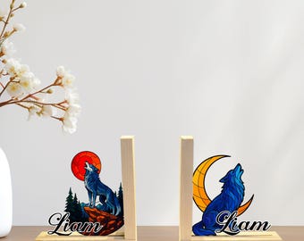 Personalized Wolf Bookends, Wooden Shelf Decor with Wolf and Moon, Custom Name Rustic Forest Gift for Kids or Library, Table Decor