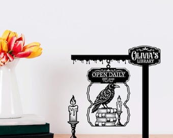 Personalized Raven Book Library Sign, Custom Name Reading Desk Mini Signpost, Literary Raven Lover Gift, Book Nook Mini Signpost