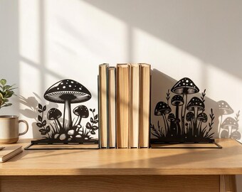 Sujetalibros de hongo personalizado Sujetalibros de metal con forma de hongo, decoración de estantería, regalo para amantes de los libros, sujetalibros, decoración de escritorio, decoración del hogar