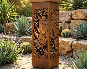 Rhino Metal Garden Column, Safari Garden Decor, Animal Garden Art, Rustic Outdoor Pillar, Gift For Dad
