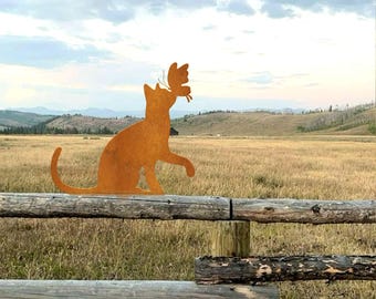Estaca de metal oxidada con forma de gato para árbol, decoración de jardín para exteriores, estacas rústicas de metal con forma de animal para césped y granja, regalos para amantes de los gatos