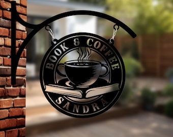 Personalized Coffee Book Hanging Sign, Book & Coffee Shop Metal