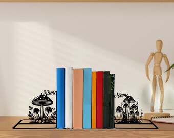 Sujetalibros de hongo personalizados con nombre – Sujetalibros metálico con forma de hongo personalizado – Decoración para estanterías, regalo para amantes de la naturaleza